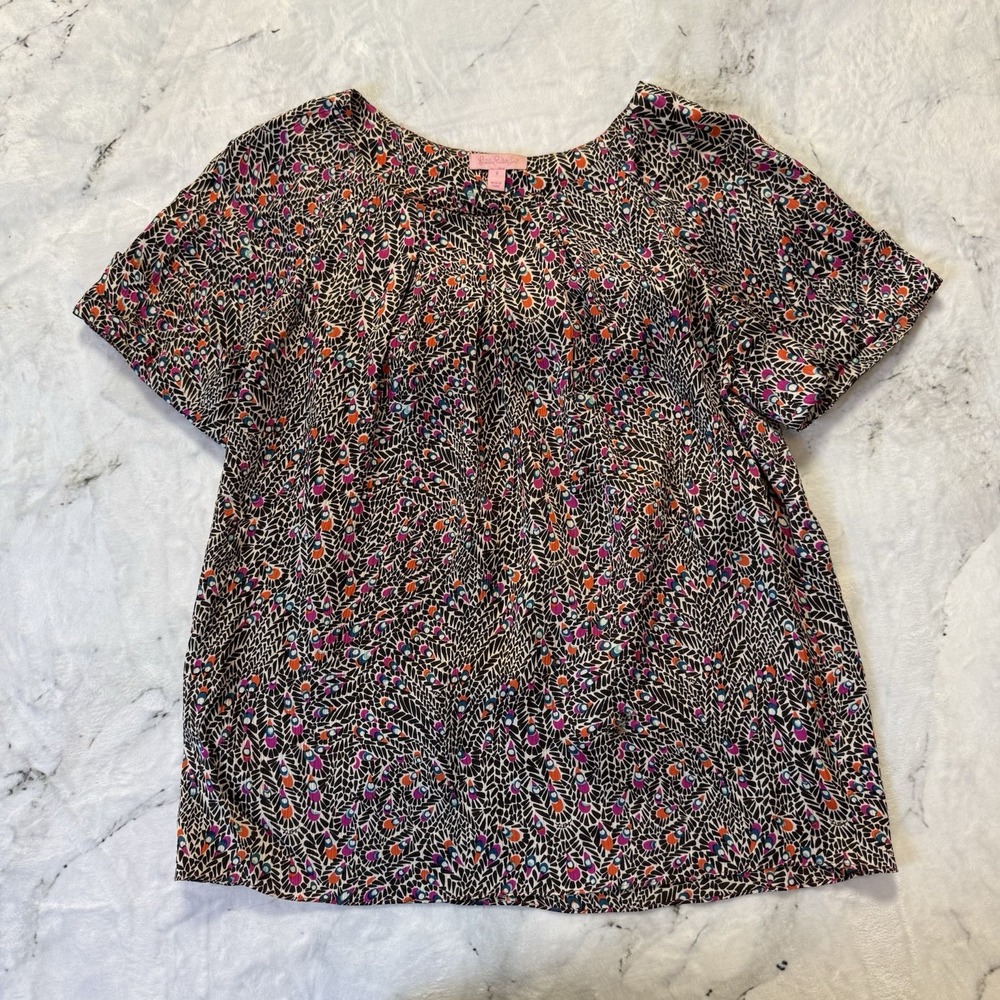 Lilly Pulitzer Shirt Womens Size 8 Multicolor Peacock Feather 100% Silk Blouse